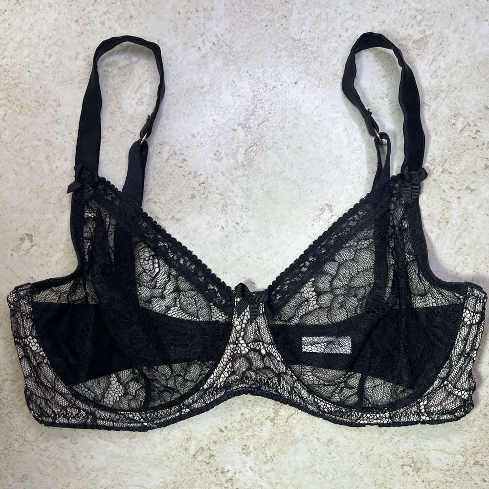 Mimi Holliday Black Lace Silk Bra 32E Whimsigoth Coquette Goth Dark Fairycore‎
